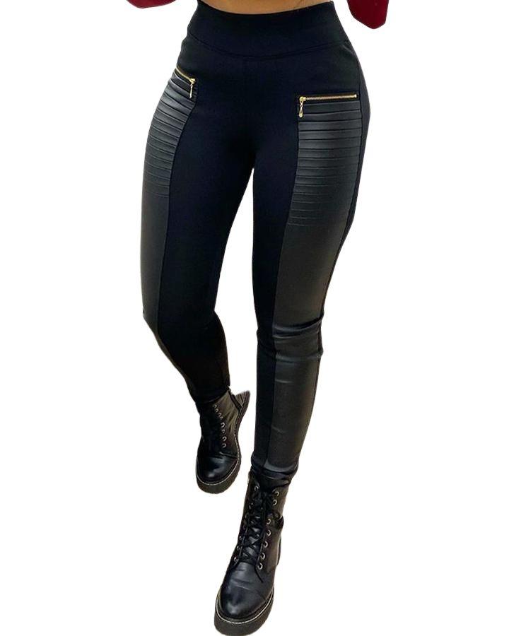 Contrast Panel Zipper Detail Faux Leather Pants