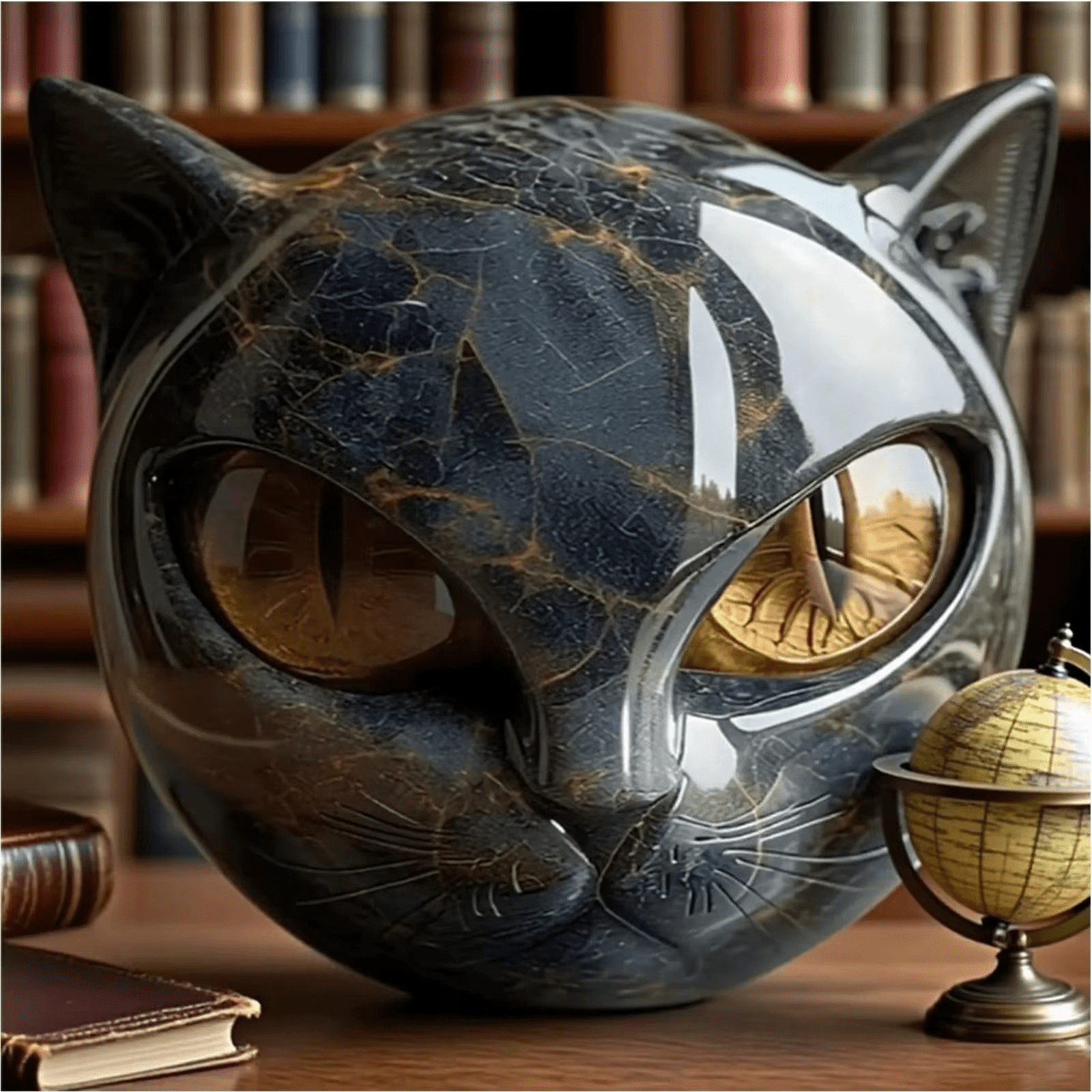Black Cat Stone Sculpture – Decorative figurine black cat head made of resin Stone Marble texture - Image 3