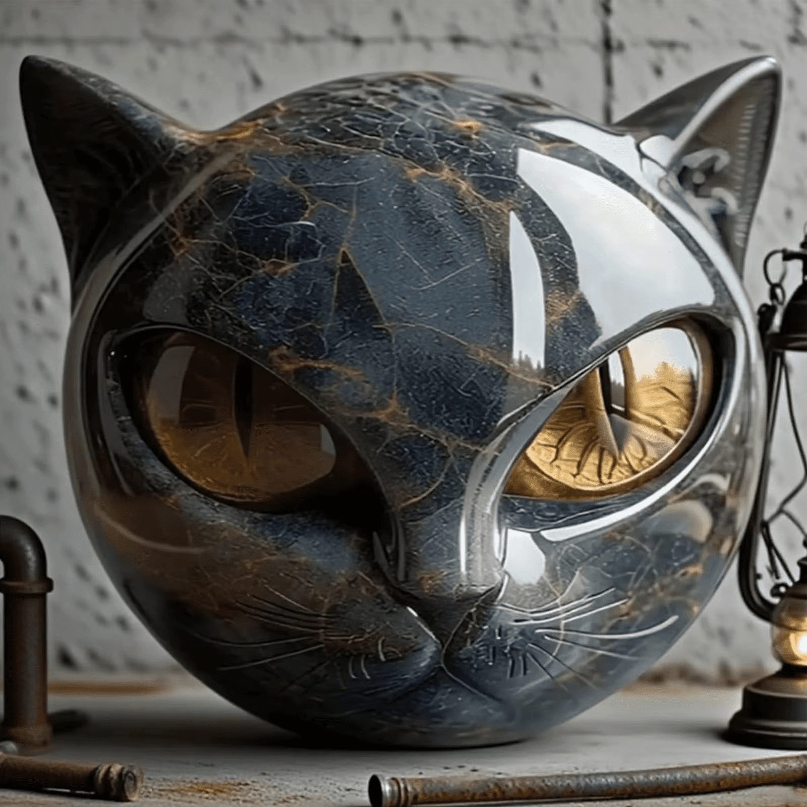 Black Cat Stone Sculpture – Decorative figurine black cat head made of resin Stone Marble texture - Image 2